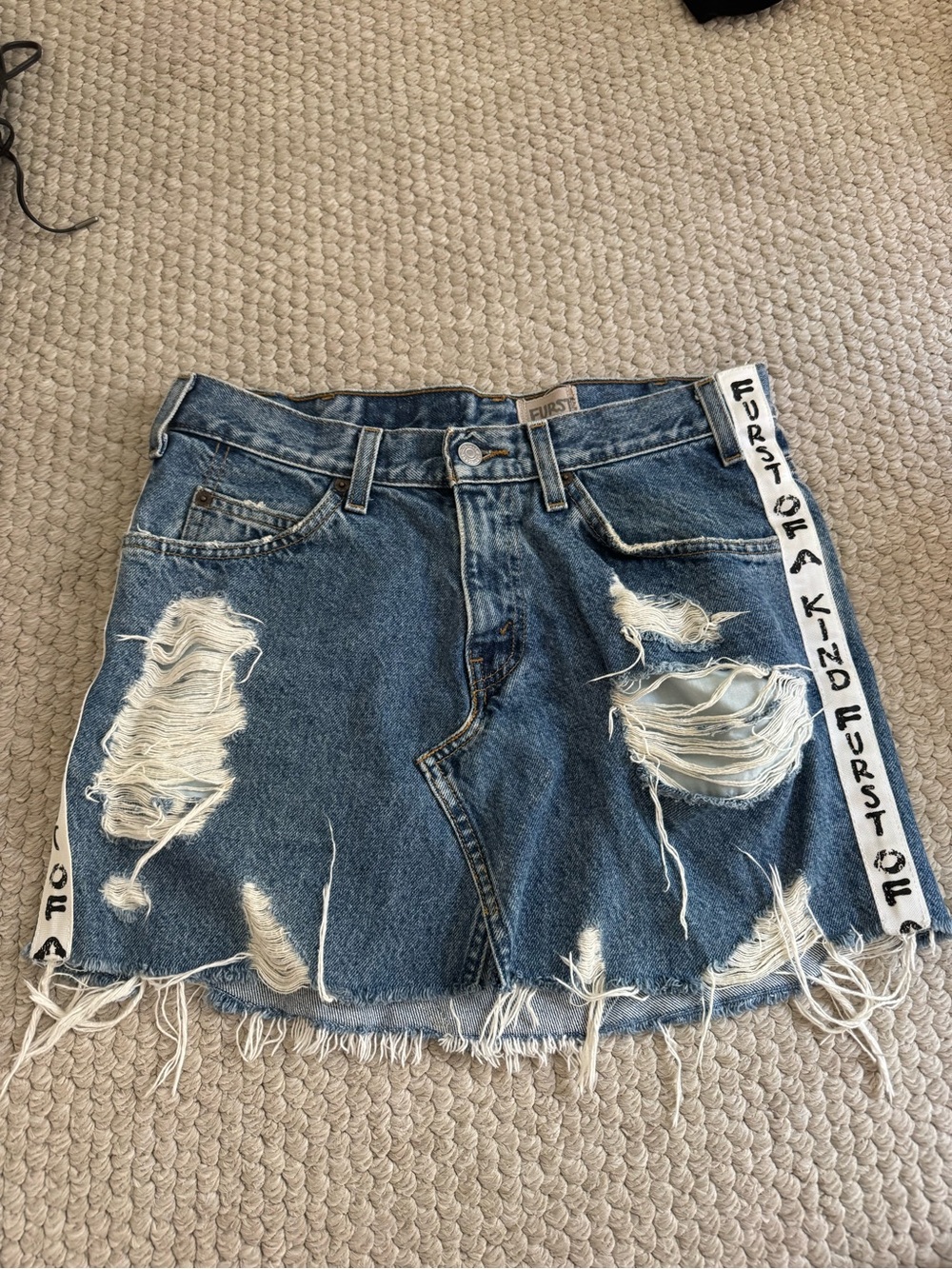 Furst of a Kind Distressed Blue Denim Mini Skirt